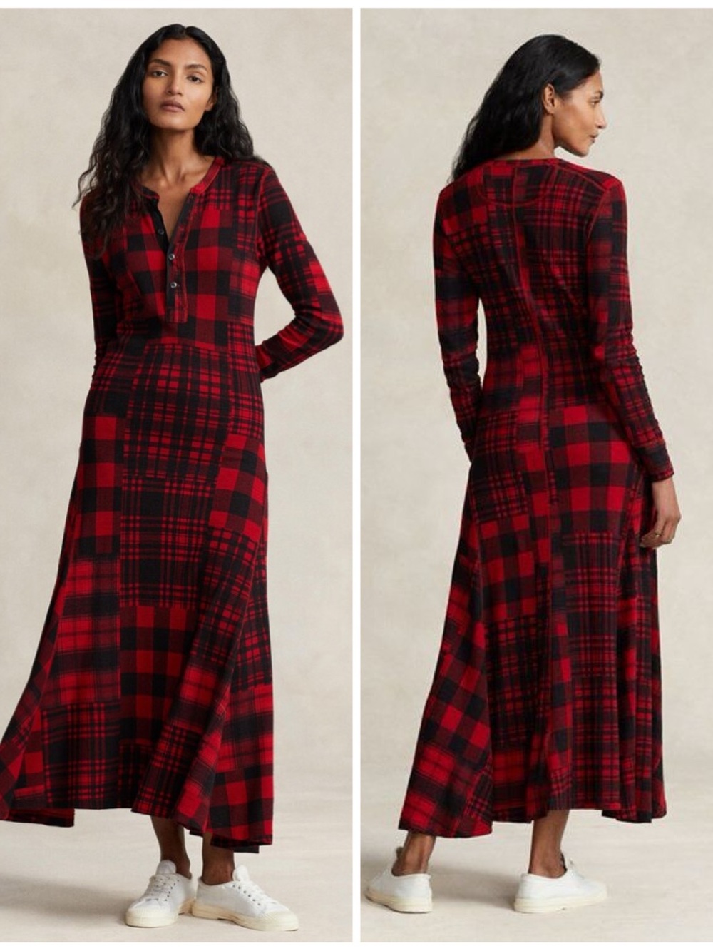 Polo Ralph Lauren Plaid Waffle Knit Henley Maxi Dress